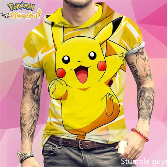 ***FREE SHIPPING*** Pokemon Hooded T-shirt Men‘s Pikachu T-shirt Short Sleeve Jerseys Basketball Man Streetwear Anime T-shirt Short Sleeve