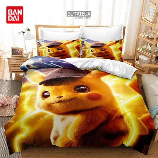 Bandai 3D Pikachu Pokemon Bedding Set 3pc, Pikachu Duvet Cover x 1, Pillowcases x 2.