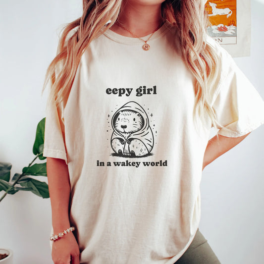 Capybara "eepy girl in a wakey world" Cotton T Shirt. By Kawaii World.